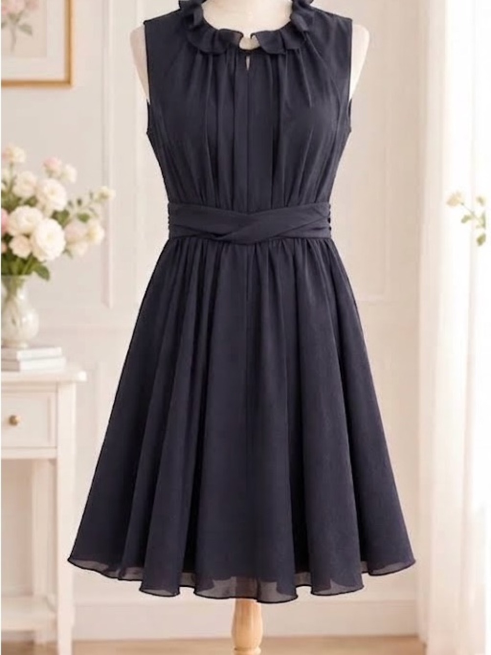 Sleeveless Ruffle-Neck A-Line Dress in Navy